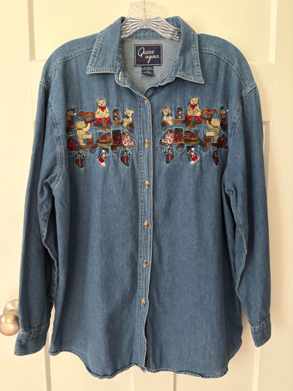Vintage 90s Denim Shirt Christmas Teddy Bear Embroidered Large Y2K Quizz Again